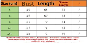 Size chart for casual hooded jacket showing bust, length, and sleeve measurements
