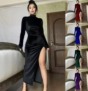 Elegantes Hochgeschlossenes Langarm Samt Maxi Kleid Slim Fit Gerafft Seitenschlitz Abendkleid Damen Partykleid
