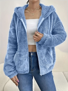 Women's fuzzy blue zip-up hoodie jacket with pockets in a loose casual style