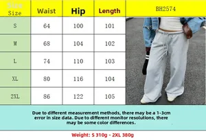 Size chart for vintage low waist sweatpants with S-2XL dimensions and material info
