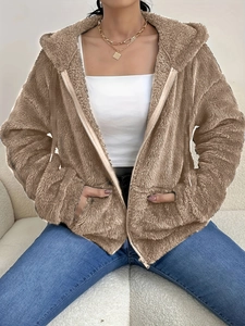 Women's brown fuzzy hooded jacket with zipper and pockets in a relaxed casual fit