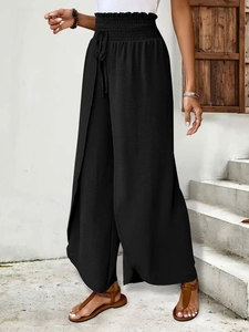 Elegant black high waist wide leg trousers with stylish slit design and drawstring waist