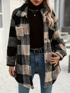 Damen Karierte Plüsch Jacke Hemdjacke Langarm Revers Einreihig Taschen Mittellang Winter Herbst Warm Fleece Außenbekleidung