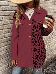 Women leopard print patchwork cardigan jacket with buttons and chest pockets