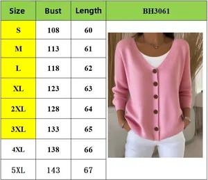 Detailed size chart for women knit cardigan including bust and length measurements