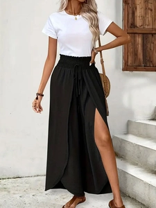 Women High Waisted Slit Wide Leg Pants Smocked Waist Drawstring Flowy Vacation Casual Trousers And White T-Shirt