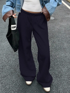Women's vintage wide-leg sweatpants in navy blue with elastic waist and drawstring