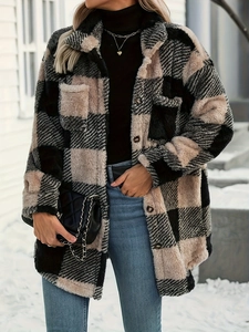 Damen Karo-Fleecejacke mit Taschen in Schwarz und Creme Karomuster Design
