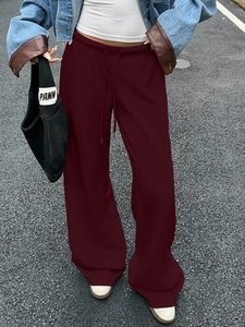 Retro wine red wide-leg sweatpants with drawstring waist for casual street style look