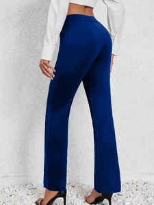 Close-up back view of elegant navy high-waist straight-leg trousers for professional office wear