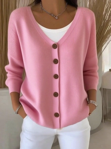 Women's Casual V-Neck Knit Cardigan Sweater Solid Color Loose Fit Long Sleeve Button Down Outwear For Autumn Winter