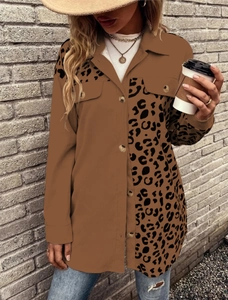 Women leopard print patchwork jacket with long sleeves and button-down front closure