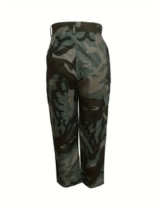 Detail view of high-waist camo cargo pants featuring durable fabric and back stitching