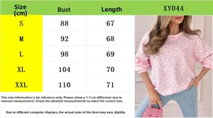 Detailed size chart for pink floral print long sleeve sweatshirt ranging from S to XXL