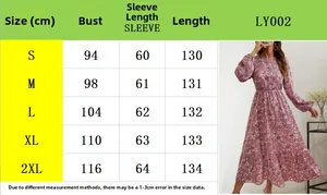 Detailed size guide table for long-sleeved floral maxi dress with measurements in centimeters