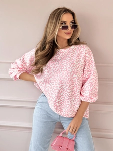Pink leopard print long sleeve crewneck sweatshirt for women with loose casual fit