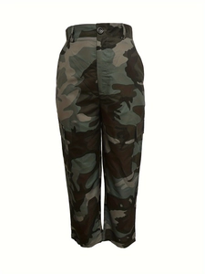 Detail view of high-waisted camo cargo pants with flap pockets and button closure
