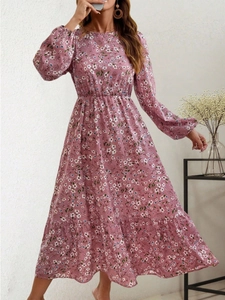 Women Elegant Long Sleeve Floral Print Maxi Dress Milk Silk Round Neck High Waist Lantern Sleeve Ruffle Tiered A-Line Dress