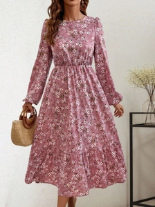 Dusty pink floral long sleeve midi dress with elastic high waist and ruffled hemline