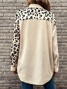 Women's corduroy shirt jacket with leopard print splice and curved hem in casual style