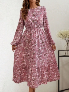 Elegant mauve floral long sleeve maxi dress with elastic waist and ruffled hem