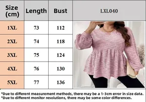 Detailed size chart for plus size women's long sleeve tie-dye top ranging 1XL to 5XL