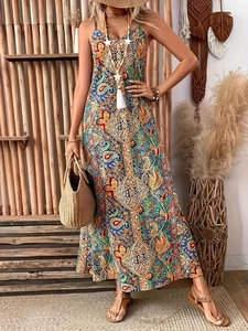 Robe Maxi à Bretelles Bohème pour Femmes Imprimé Floral Cachemire Col en V Sans Manches Dos Nu Été Plage Vacances Robe Longue Élégante