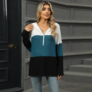 Damen Oversize-Strickkapuzenpullover im Color-Block-Design mit halbem Reißverschluss