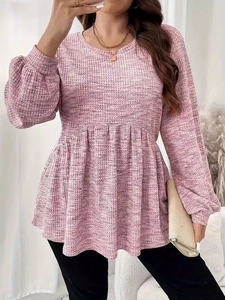 Women's Plus Size Waffle Knit T-Shirt Long Sleeve Peplum Ruffle Hem Round Neck Lantern Sleeve Casual Loose Top