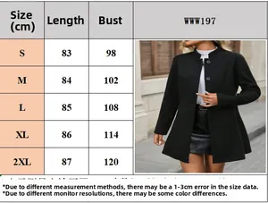 Size chart for women's elegant stand-up collar coat with dimensions from S to 2XL