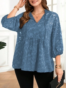 Damen Übergröße V-Ausschnitt Dreiviertelarm Jacquard-Spitzenoberteil Elegant Locker Bindedetail Schößchen Bluse Blumen Shirt