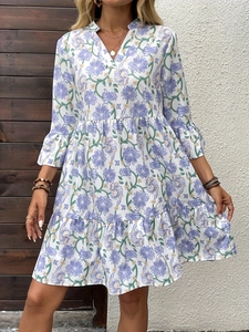 Abito Midi Elegante da Donna Scollo a V Stampa Floreale a Balze Manica a Campana 3/4 Boho Casual Vacanza Estiva Abito a Linea A