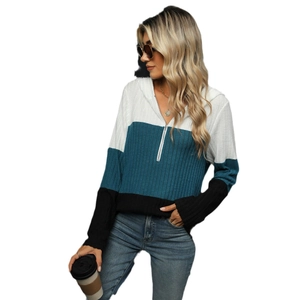 Damen Kapuzenpullover mit Farblock-Design, Halbreißverschluss und Streifenmuster