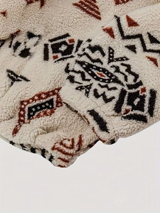 Women's vintage ethnic print fleece jacket with geometric patterns in cream and black