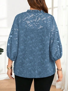 Damen Bluse in Blau mit Jacquard-Muster, V-Ausschnitt und eleganten Puffärmeln, lockere Form