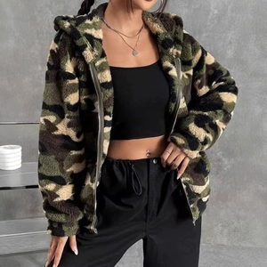 Women's camouflage fleece hooded cardigan jacket with zipper for autumn winter street style