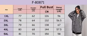 Size chart for plus size black and white striped plush jacket from size 1XL to 5XL