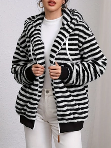 Women's Plus Size Black White Striped Plush Hoodie Jacket Loose Casual Zipper Warm Faux Fur Coats Outerwear