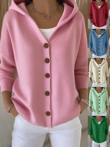 Cárdigan de Punto con Capucha Casual para Mujer Abrigo de Suéter con Botones de Manga Larga Color Sólido Otoño Invierno