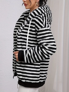 Women's black and white striped plush hooded jacket with drawstring and front zipper