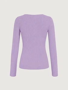Close-up back view of purple long sleeve knit top showing fine ribbed texture and fit