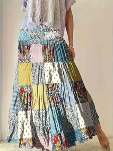 Women floral patchwork tiered maxi skirt with high waist and colorful bohemian pattern
