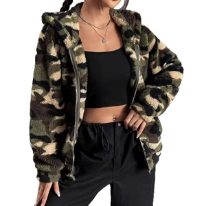 Women's camouflage plush hooded jacket with zipper closure for casual outdoor wear