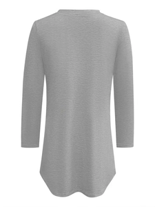 Back view of heather grey long sleeve T-shirt with curved hem and soft knit texture