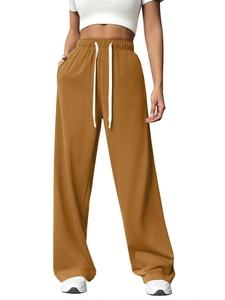 Women's wide leg casual trousers in caramel brown with elastic waist and white drawstring