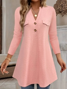 Women's Casual V Neck Long Sleeve Tunic Top With Buttons Solid Color Loose Knit T-Shirt Fall Winter Fashion Clothing