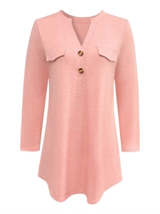 Women's V-neck long sleeve pink T-shirt with decorative buttons and curved hemline