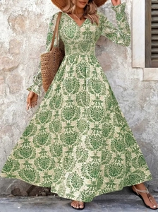 Vintage V-neck maxi dress with green floral paisley print and elastic high waist