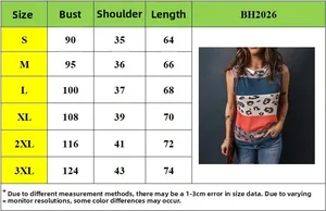 Size chart showing bust, shoulder, and length metrics for leopard color block tank top