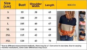 Size guide for women's color block short sleeve t-shirt showing S to 3XL measurements